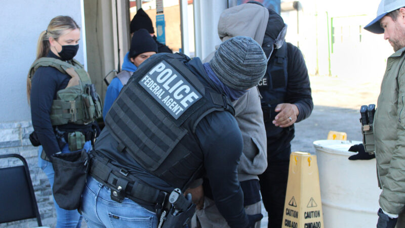 Ofițeri ai agenției americane ICE în timpul unei operațiuni de imigrație în West Palm Beach, Florida. Foto: ICE/DHS, domeniu public, via Wikimedia Commons